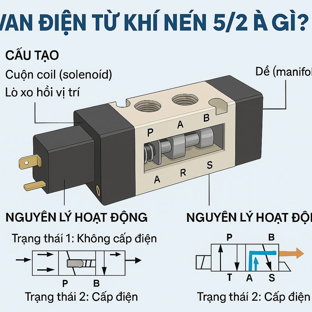 Van điện từ khí nén 5/2 là gì? Cấu tạo và nguyên lý hoạt động chi tiết