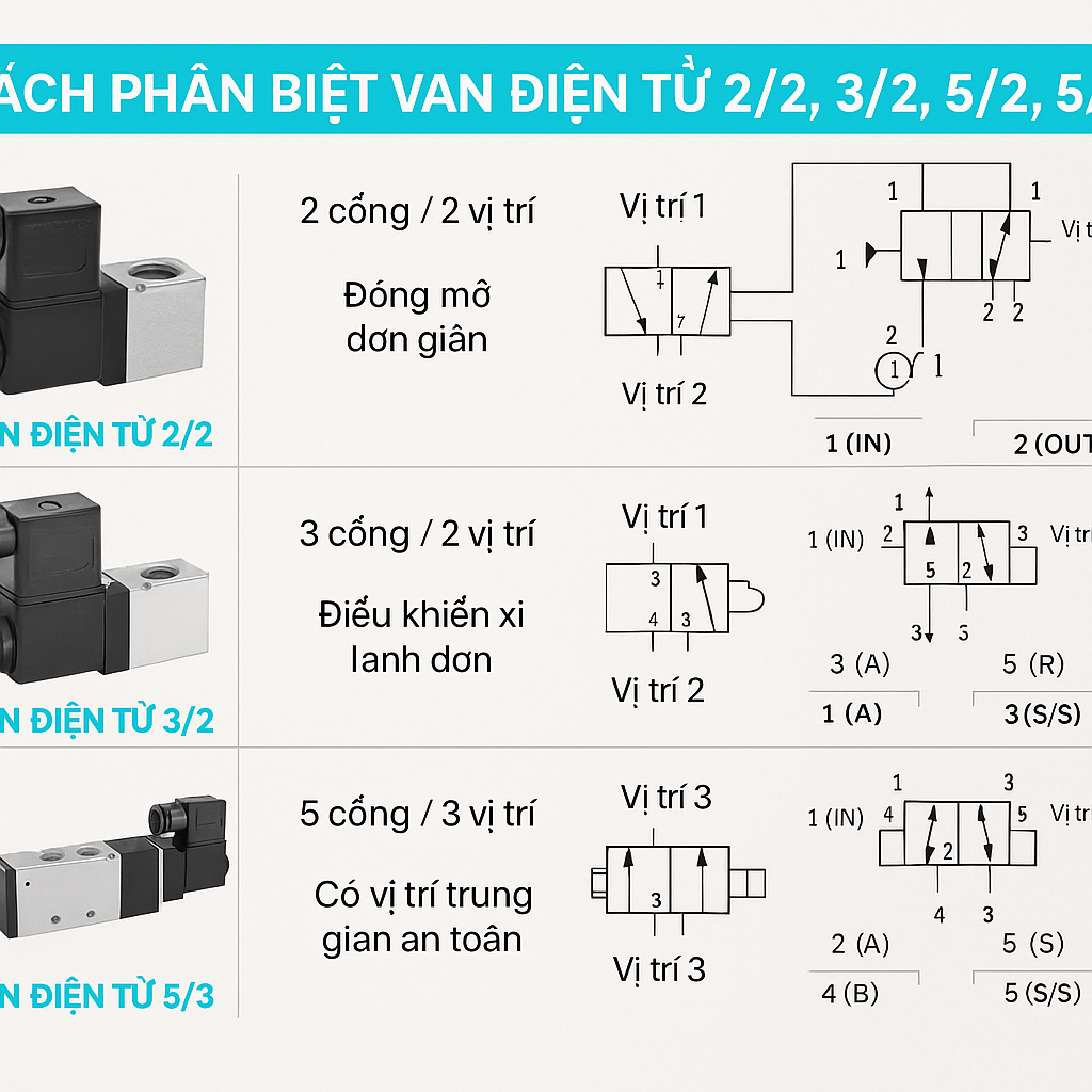 Cách phân biệt van điện từ 2/2, 3/2, 5/2, 5/3 – Kèm sơ đồ nguyên lý