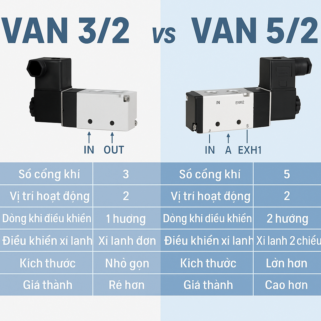 So sánh van điện tử 3/2 và 5/2 – Nên chọn loại nào cho hệ thống của bạn?