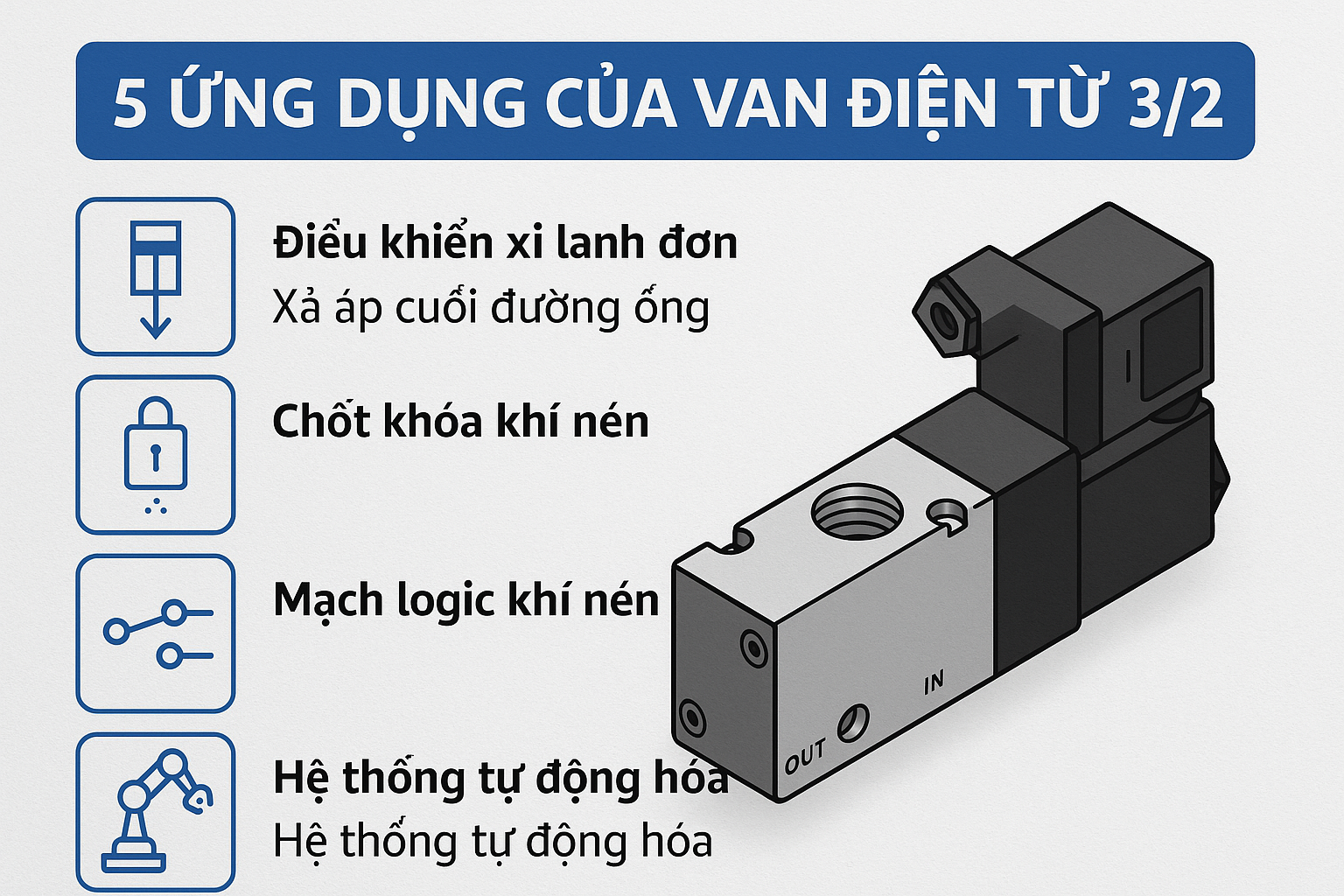 Ứng dụng thực tế của van điện từ 3/2 trong hệ thống khí nén